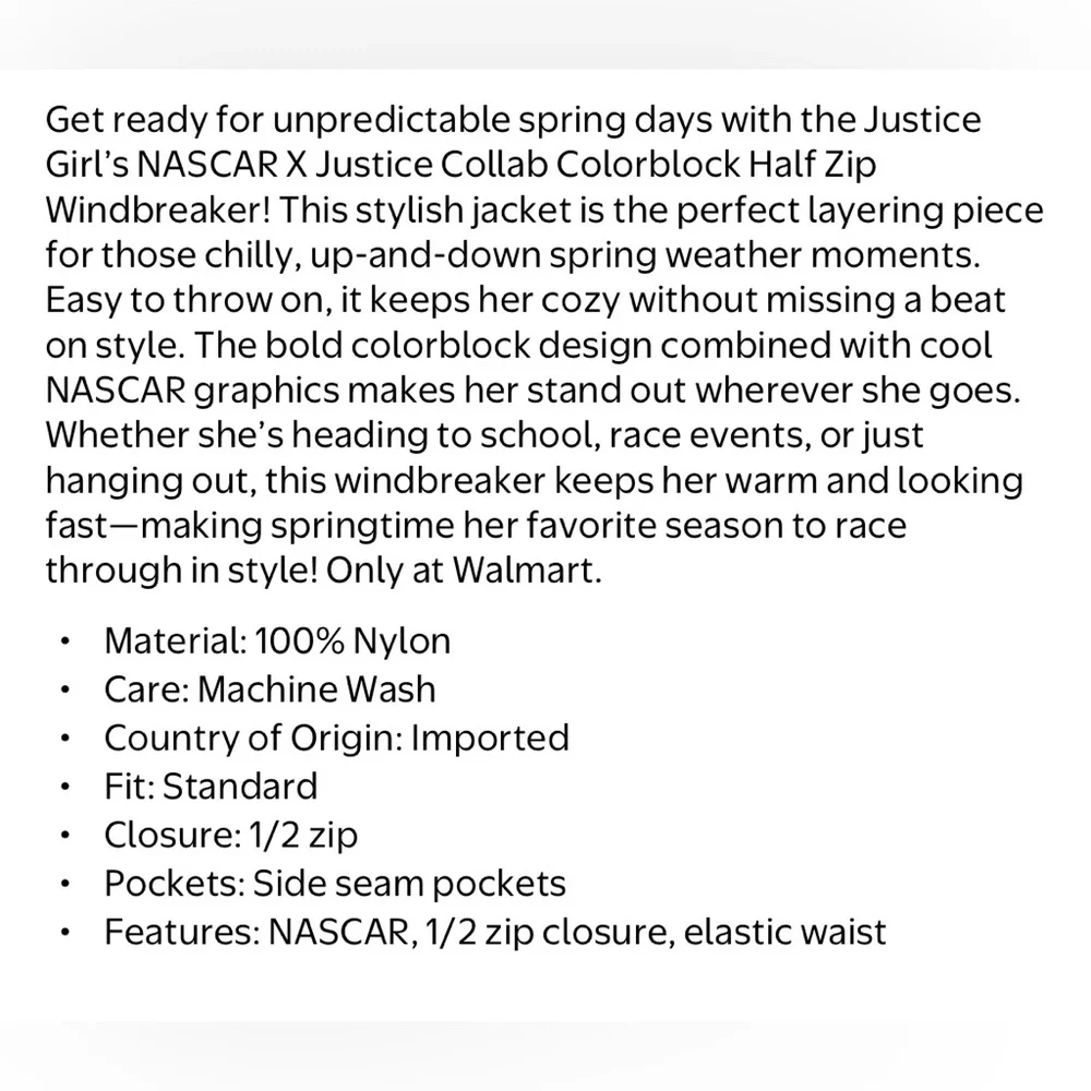 Justice x NASCAR Girls Colorblock Half Zip Windbreaker Jacket Size M 10‎ NWT